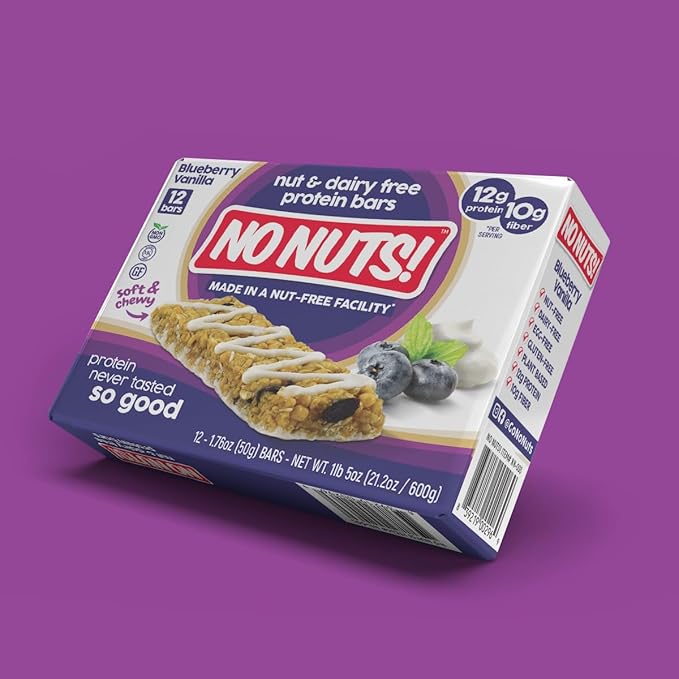 No Nuts! Blueberry & Vanilla Protein Bars – Nut-Free & School-Safe | 12g Plant Protein, Vegan, Gluten-Free, Non-GMO, Organic, Kosher | 12 Count