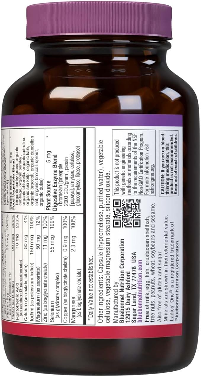 Bluebonnet Nutrition Ladies’ ONE 40+ Whole Food-Bed Multiple, Women Multivitamin for Women 40+, Soy-Free, Non-GMO, Gluten Free, 60 Vegetable Capsules, 60 Servings