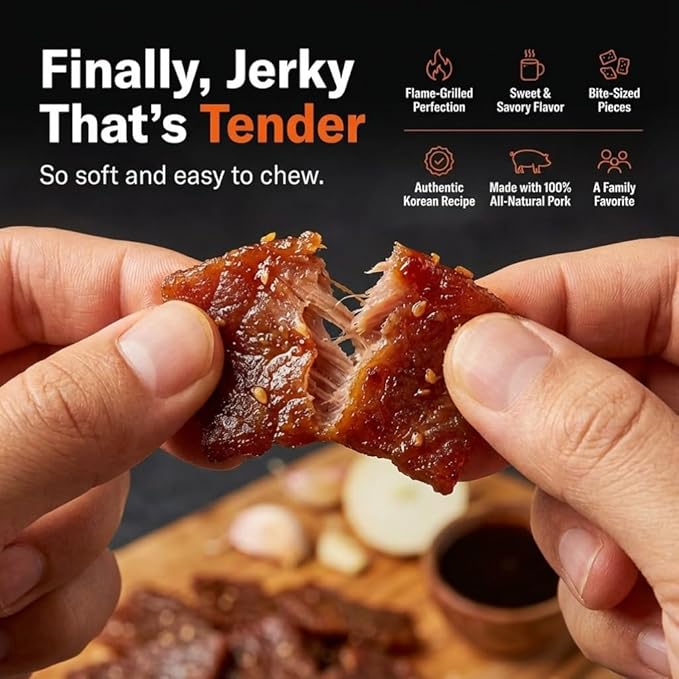 Golden Island Korean BBQ Pork Jerky - (2 Pack) 9 oz Resealable Bag - Fire-Grilled Specialty Meat Snack - Sweet & Savory Protein Snack - 7g Protein per Serving - Made with 100% All-Natural Pork