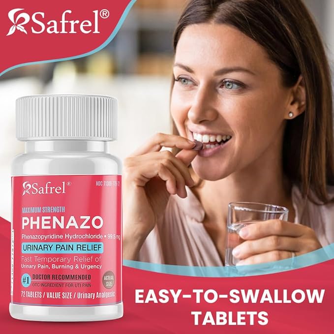 Safrel Urinary Pain Relief | UTI Relief | Fast Acting | Bladder Discomfort & Pain Relief | Phenazopyridine Hydrochloride 99.5mg (72 Count)