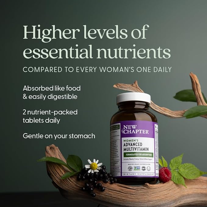 New Chapter Women's Multivitamin Advanced Formula for Stress, Bone, Immune, Beauty & Energy Support, Higher Levels of Whole-Food Fermented Essential Nutrients for Women + Iron + Vitamin D3, 120 Count