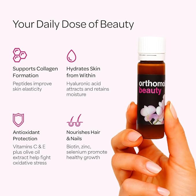 Orthomol Beauty Vial - Liquid Women's Beauty Supplement with Collagen Hydrolysate, Hyaluronic Acid, and Coenzyme Q10 for Hair, Skin, and Nail Health