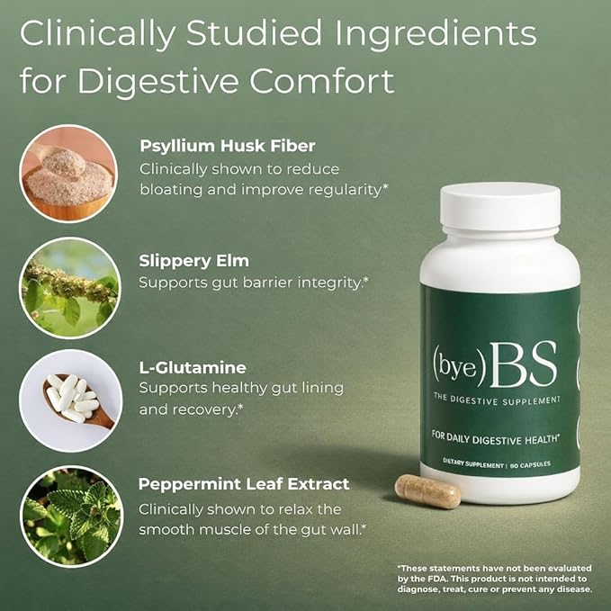 Bloating Relief & Digestive Support Capsules – Psyllium Fiber, Peppermint, Slippery Elm & L-Glutamine – Daily Gut Health Supplement for Regularity & Comfort