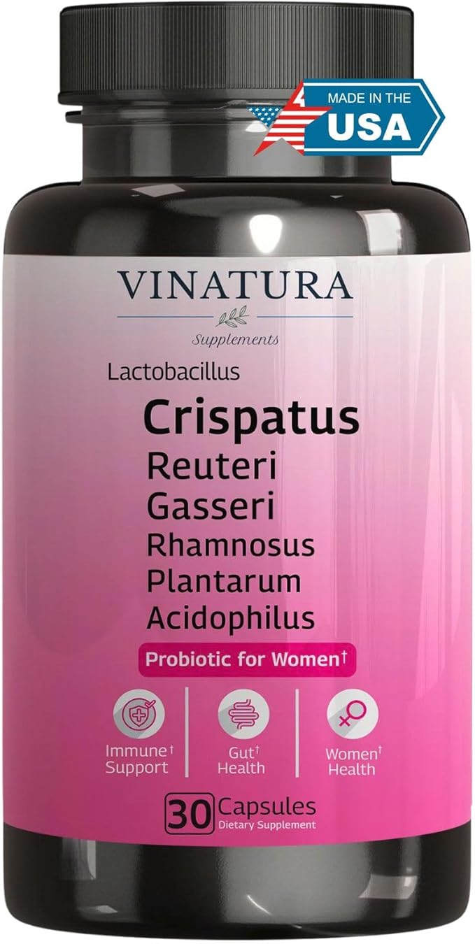 VINATURA Lactobacillus Rhamnosus, Reuteri, Gasseri, Plantarum, Crispatus, Acidophilus Probiotics - Probiotics for Women *USA Made & Tested* Women Vaginal Health, Gut and Digestive Health - 30 Capsules