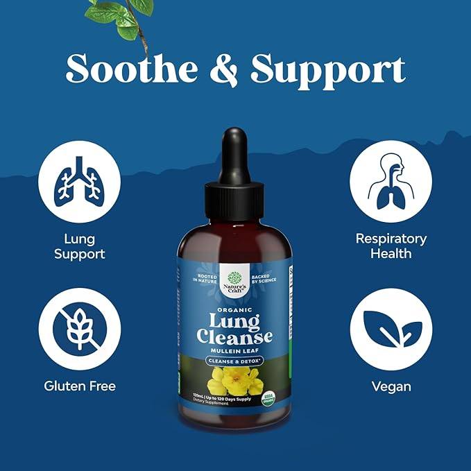 Organic Mullein Drops for Lungs - Herbal Lung Detox & Cleanse with Marshmallow Root Extract & Plantain Leaf for Respiratory Lung Health - Mullein Leaf Tincture Drops for Breathing Support - 4 Fl Oz