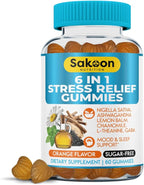 6-in-1 Stress Relief Gummies 60ct - Aids Relaxation with Ashwagandha, GABA, L-theanine, Lemon Balm, Chamomile, Black Cumin Seed Nigella Sativa. Improved Deep Sleep, Joint Support - 60 gummies