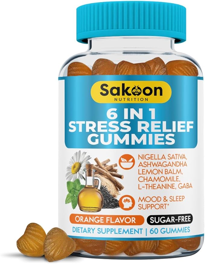 6-in-1 Stress Relief Gummies 60ct - Aids Relaxation with Ashwagandha, GABA, L-theanine, Lemon Balm, Chamomile, Black Cumin Seed Nigella Sativa. Improved Deep Sleep, Joint Support - 60 gummies