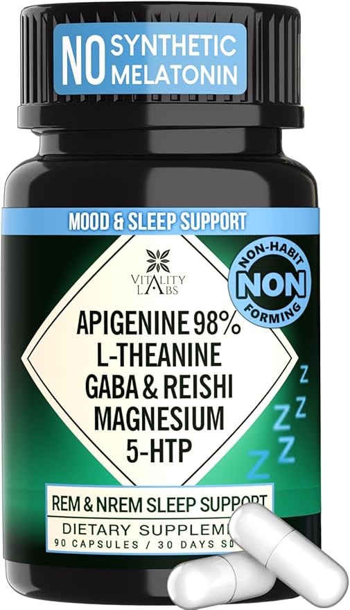 Natural Sleep Aid Supplement for Adults Without Melatonin - Non-Habit Forming Herbal Sleep - GABA, L-Theanine, Reishi Mushroom, Apigenin, Magnesium Glycinate, 5-HTP - 90 Vegan Capsules