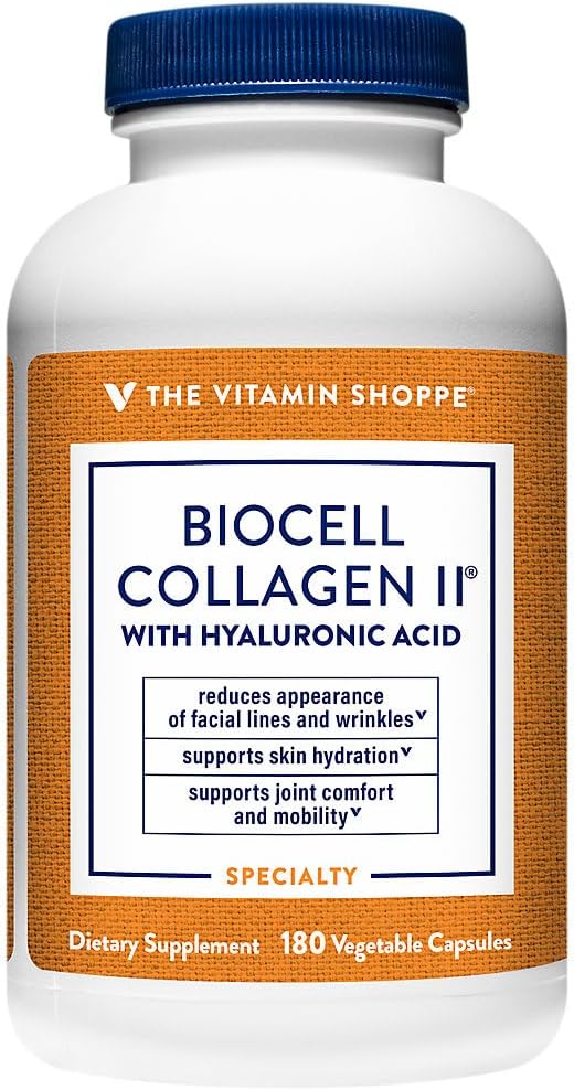 The Vitamin Shoppe BioCell Collagen Capsules with Hyaluronic Acid, 1000 mg Collagen per Serving, Supplement for Men and Women, Supports Daily Wellness Routines, Gluten Free, Non GMO, 180 Capsules