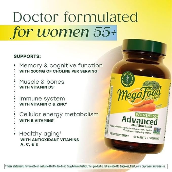 MegaFood Advanced Multivitamin for Women 55+, Womens Multivitamin, Methylated B12, Methyl folate, Choline, Vitamin D3, Biotin, Healthy Aging, Brain & Bone Health, Vegetarian, 120 Tablets (60 Servings)