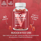 Vegan Iron Gummies Supplement - with Vitamin C, A, B-Complex, Folate, Zinc for Adults & Kids - Health Blood & Energy Support for Iron Deficiency, Anemia, No After Taste - Peach Flavor (90 Ct)