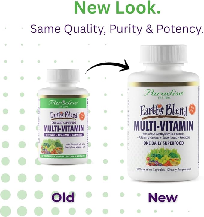 Paradise Herbs Earth's Blend Once Daily Multivitamin with Iron, 48 Organic Superfoods, Probiotics, Antioxidants, Vitamins A, B12, C, D, K2, Daily Superfood, 30 Capsules