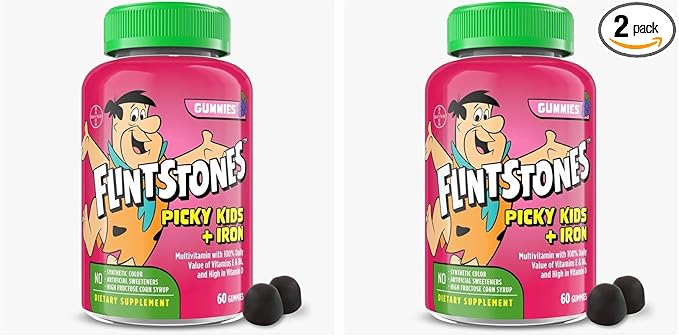 Flintstones Vitamins for Picky Kids + Iron, Kids Multivitamin Gummies with Vitamin C, D, E, B6 and Iron, Gummy Vitamins, Grape Flavored, 60 Gummies,(Pack of 2)