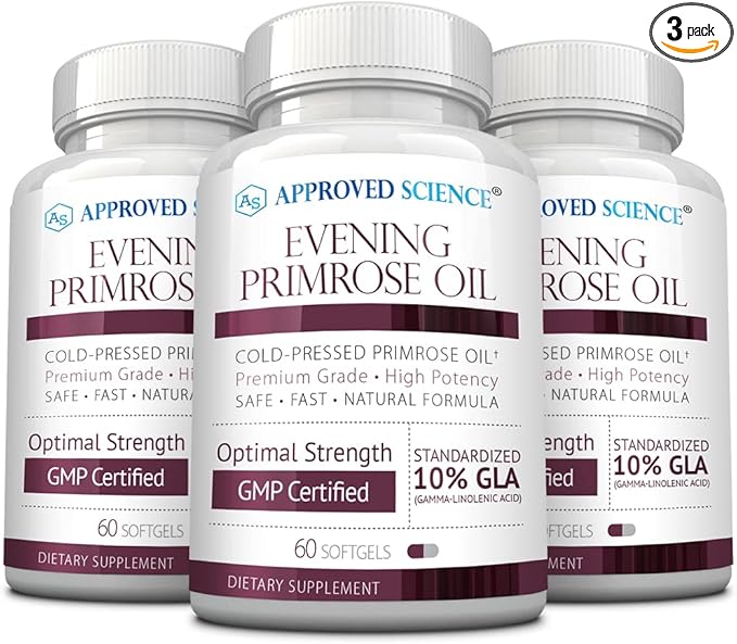 Approved Science Evening Primrose Oil - Maximum Strength - Cold Pressed - 10% GLA - Hormonal Balance, Skin and Heart Health - 3 Month Supply - All Natural