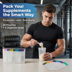 28-Day Protein Powder Pack with Funnel & Scoop, 4-Week Portion Bags (PEVA BPA-Free, 4 Large + 28 Small Color Bags) Portable Reusable Protein Powder Containers for Workout and Travel