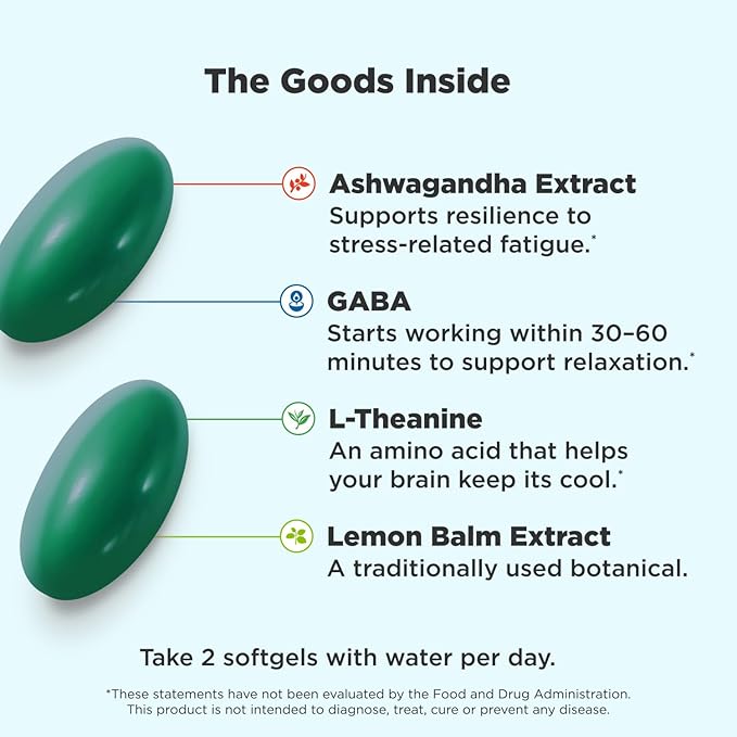 OLLY Ultra Strength Goodbye Stress Softgels,GABA,Ashwagandha,L-Theanine and Lemon Balm,Stress Relief Supplement -,60 Count (Pack of 2)