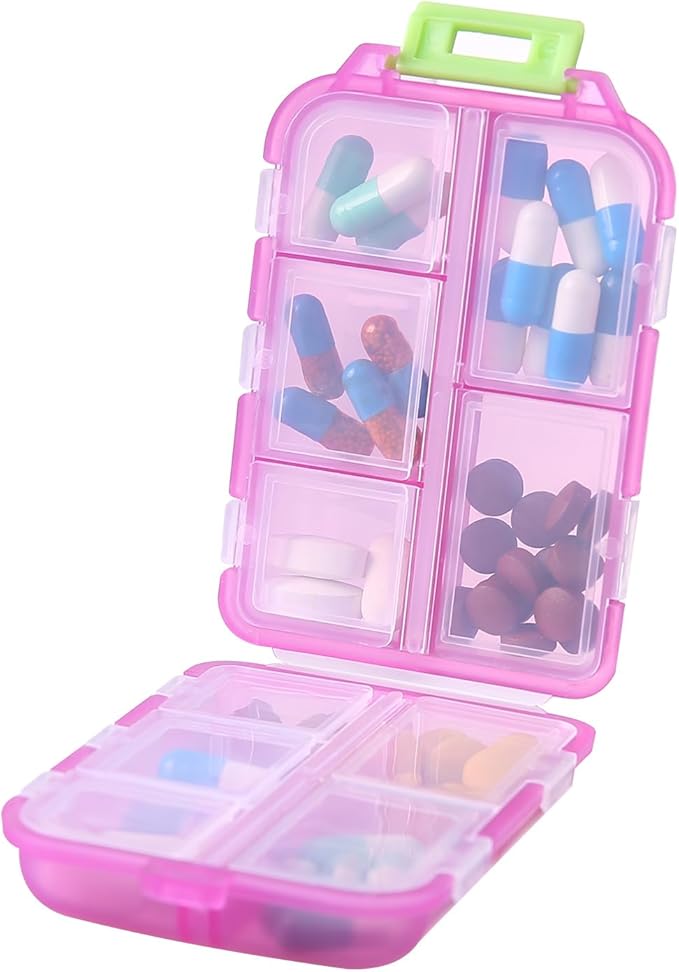 1Pack Travel Pill Organizer - 10 Compartments Pill Case, Compact and Portable Pill Box, Perfect for On-The-Go Storage, Pill Holder for Purse Pink