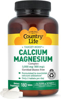 Country Life Target-Mins Calcium Magnesium Complex 1000mg/500mg, 180 Tablets, Certified Gluten Free, Vegan, Non-GMO Verified