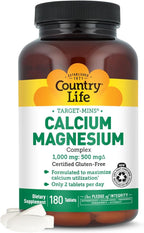 Country Life Target-Mins Calcium Magnesium Complex 1000mg/500mg, 180 Tablets, Certified Gluten Free, Vegan, Non-GMO Verified