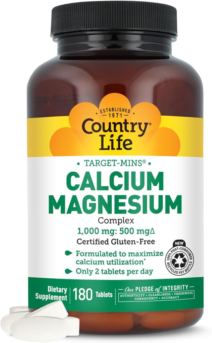 Country Life Target-Mins Calcium Magnesium Complex 1000mg/500mg, 180 Tablets, Certified Gluten Free, Vegan, Non-GMO Verified