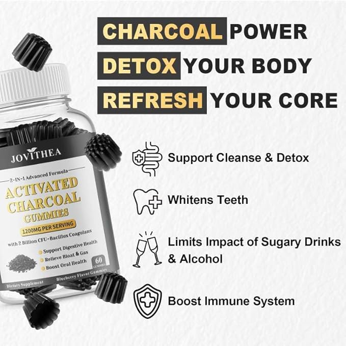 2 Pack Activated Charcoal Gummies 1200mg, with Organic Coconut Shell Charcoal & 2 Billion Probiotics, Natural Gas & Bloating Relief, Digestive Support, Non-GMO, Vegan, Gluten Free,Blueberry Flav,120Ct