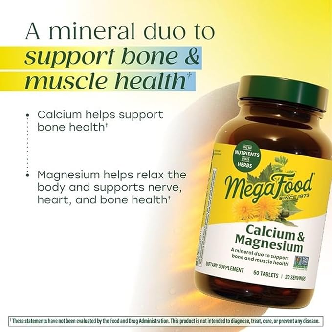 MegaFood Calcium Magnesium Supplement - Supports Bone Health & Heart Health - Magnesium Calcium Supplements for Women and Men - Non-GMO - 60 Tablets (20 Servings)