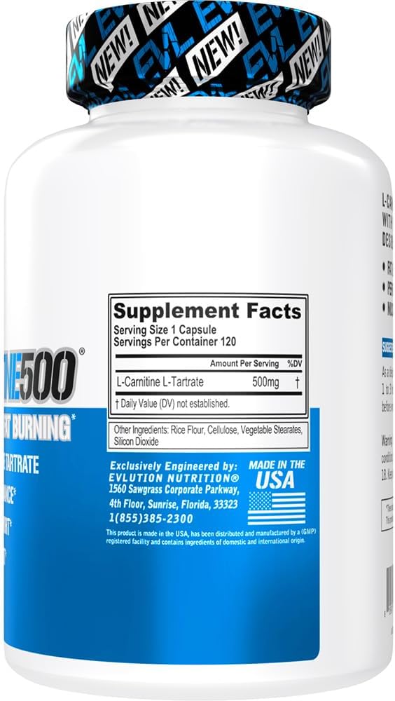 EVL L-Carnitine Supplement for Weight Loss Support - L Carnitine Tartrate for Cellular Energy Focus Endurance and Fat Burning Support - Stimulant Free Amino Acid for Fat Metabolism (120 Servings)