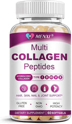 Multi Collagen Peptides Softgel for Women & Men - Type I, II, III, V, X - Hydrolyzed Collagen Peptides with Biotin, Vitamin C & Hyaluronic Acid - Support Skin, Hair, Nail & Joint - Non-GMO, 60 Softgel