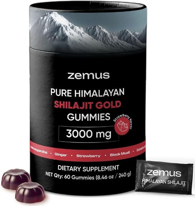 Zemus Himalayan Pure Shilajit Gummies I Lab Tested I Synergistic Blend of Ashwagandha & 5 Mushroom Complex | Fulvic Acid & 85+, Trace Minerals | for Men & Women (60 Count / 8.46 oz, Strawberry)
