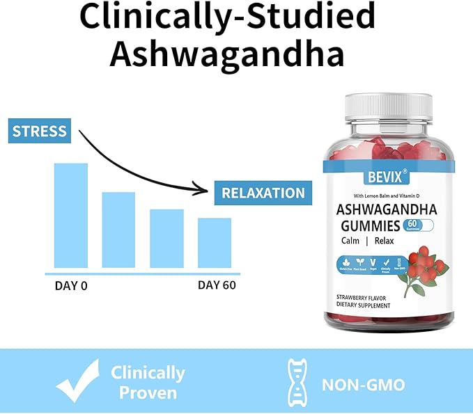 Ashwagandha Gummies with Vitamin D Non, Gluten Free Stress Relief & Immune Support Ashwagandha Supplements Alternative Model 60 Count