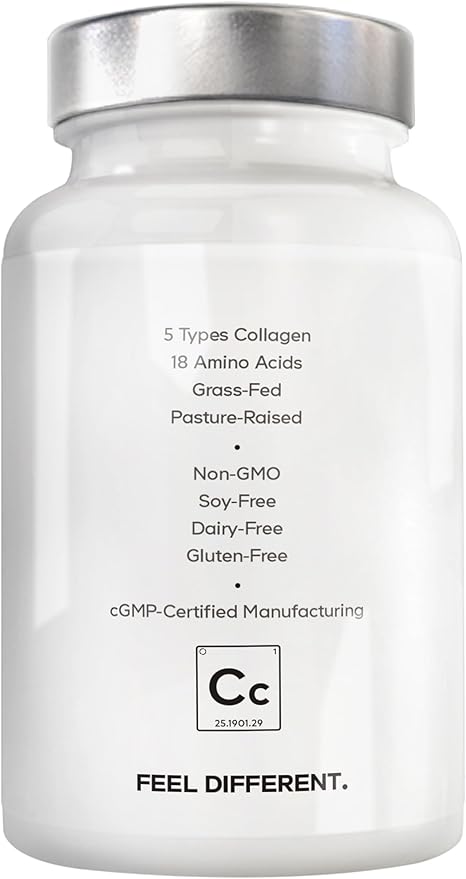 Amen Multi Collagen Peptides Capsules with Hyaluronic Acid and Vitamin C - 5 Types of Collagen Protein Type I, II, III, V, X - Grass Fed Hydrolyzed - 18 Amino Acids - Collagen Supplement - 90 Pills