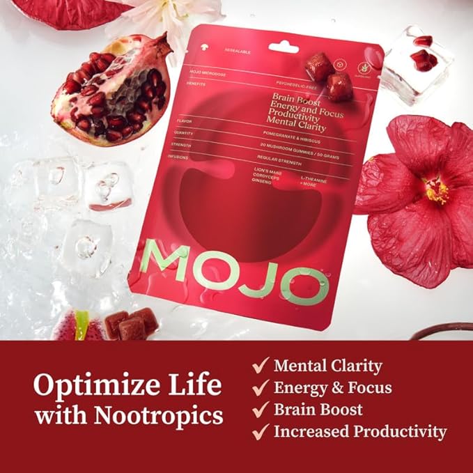 Mojo Focus Gummies w/Lion’s Mane, Panax Ginseng, Ginger Root, Cordyceps, Brain Supplement Memory/Focus Support Adults Nootropic Mushroom Gummies, Pomegranate Hibiscus, Regular Strength (2 Pack)