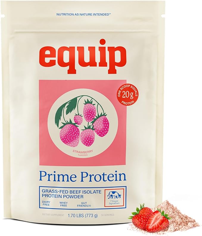 Equip Foods Prime Protein Powder | Clean, Grass Fed Beef Protein Powder | Carnivore Protein Isolate | Paleo, Keto Friendly | Gluten & Dairy Free | Helps Build & Repair Tissue | 30 Servings, Strawberry