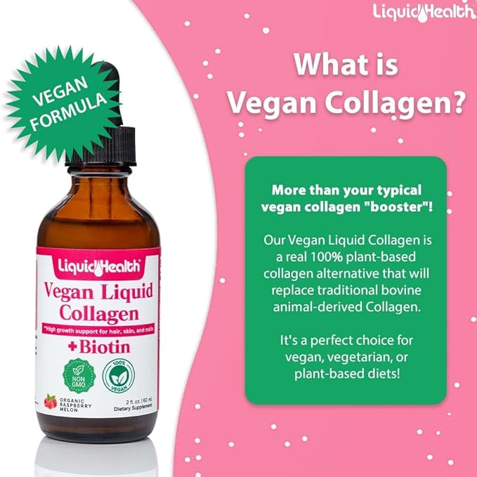 LIQUIDHEALTH 100% Vegan Collagen Plus Biotin 100,000mcg Liquid Drops - Plant-Based Liquid Collagen for Women & Men - Hair & Nail Growth, Skin Health, Boosts Metabolism - Made in USA, Non-GMO (2 oz)
