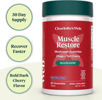 Charlotte's Web Muscle Restore Mushroom Gummies for Adults — Chaga & Tart Cherry Supplement for Muscle Recovery and Fatigue — Vegan, Kosher, Non-GMO (Dark Cherry Flavor, 30 Servings)