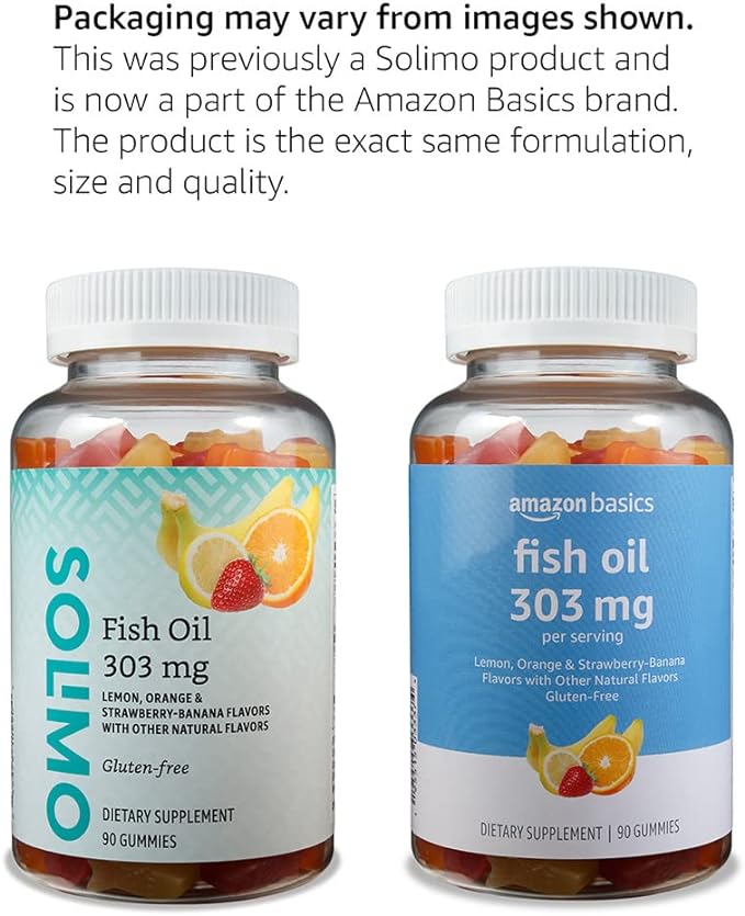 Amazon Basics Fish Oil 303 mg, Soft Chew Gummies, Lemon, Orange & Strawberry-Banana Flavors, 90 Count, EPA and DHA Omega-3 Fatty Acids (Previously Solimo)