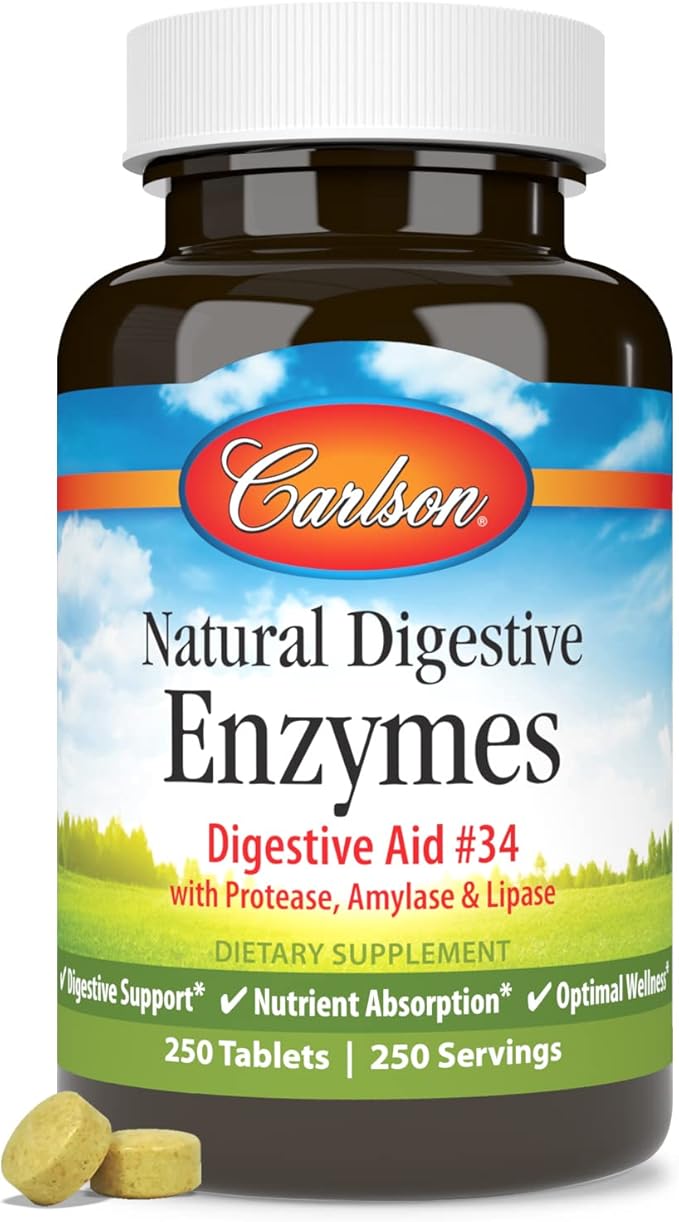 Carlson - Natural Digestive Enzymes, Digestive Aid #34 with Protease, Amylase & Lipase, Digestive Support, Nutrient Absorption & Optimal Wellness, 250 Tablets