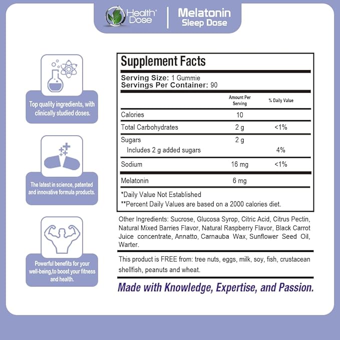 Health Dose Melatonin 6 mg Extra Strength Gummies, Pre-Bedtime Supplement for Restful Sleep, for Adults, 90 Gummies, Mixed Berries, Pack of 3