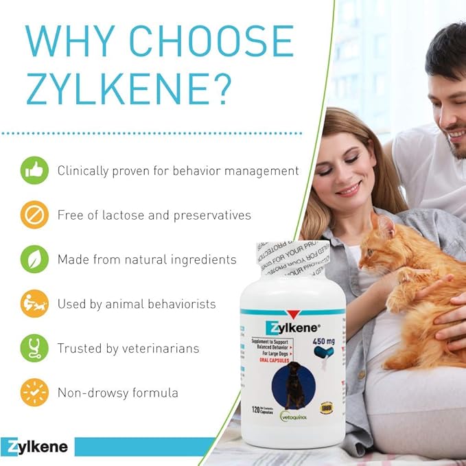 Vetoquinol Zylkene - Calming Support for Large Dogs 33132 lb - Supports Behavior & Occasional Anxiety - Perfect for Boarding, Vet Visits & Celebrations - Non-Drowsy & Lactose-Free - 120 Capsules