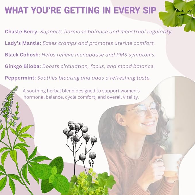 Hormonal Balance Herbal Tea for Women – Caffeine-Free | Supports Menstrual Comfort, Healthy Flow & PMS Relief | 35 Tea Bags Included | 100% Natural Herbal Blend