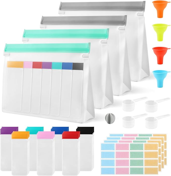 Protein Powder Travel Container Set, Reusable Powder Supplement Container To Go, 28Pcs Single Dose Bags & 4Pcs Large Zip Bags with Funnels, Spoons and Labels(COLOR:32 Pack)