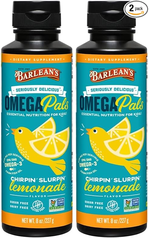 Barlean's Omega Pals Chirpin' Slurpin' Lemonade Flavored Omega-3 for Kids, Yummy Children's Liquid Fish Oil Supplement with 540 mg of EPA and DHA Fatty Acid for Brain & Eye Health, 8 oz, 2 Pack