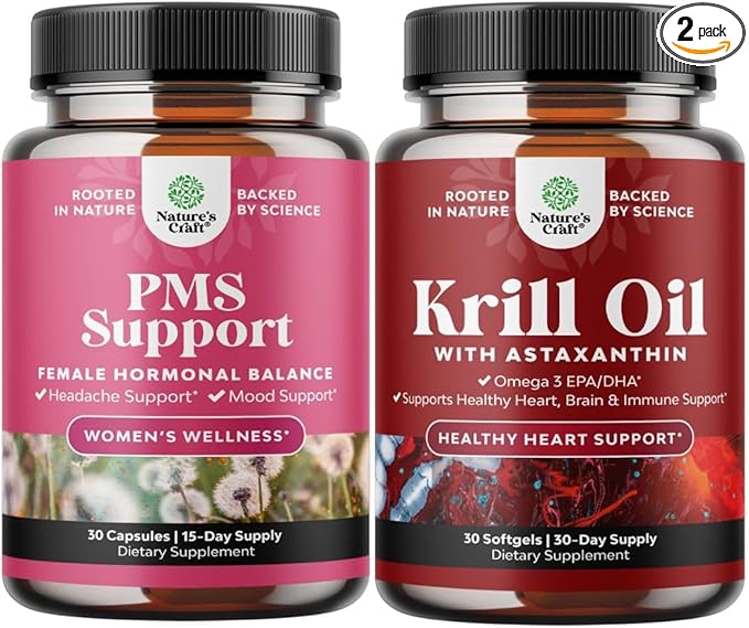 Bundle of PMS Support Supplement for Women – Hormone Balance for Period Cramps Ease, Menopause Bloating, Mood Swing and Krill Omega 3 Fish Oil Softgels 500mg - Concentrated Krill EPA & DHA Supplement