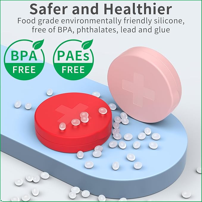 2 Pack Small Pill Box,Premium Thick Silicone 3 Compartment Travel Pill Box for Home/Desk Organizer, Portable Compact Medicine Holder for Vitamin, Cod Liver Oil, Supplement(Red+Pink)