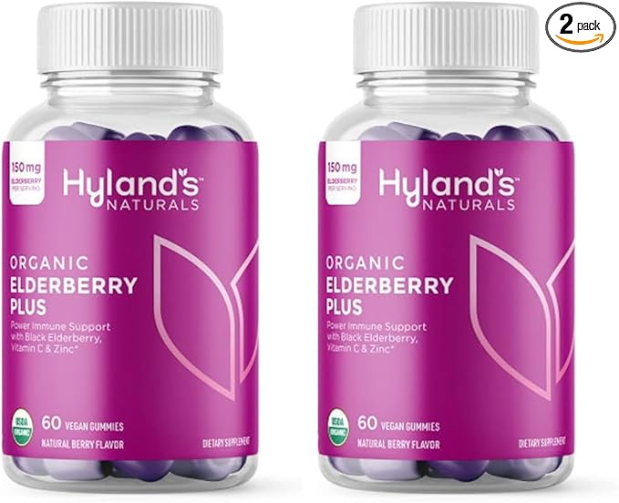 Hyland's Organic Elderberry Plus Gummies, Organic Black Elderberry with ZINC and Vitamin C, Immune Support Supplement for Adults, 60 Vegan Gummies (30 Days) (Pack of 2)