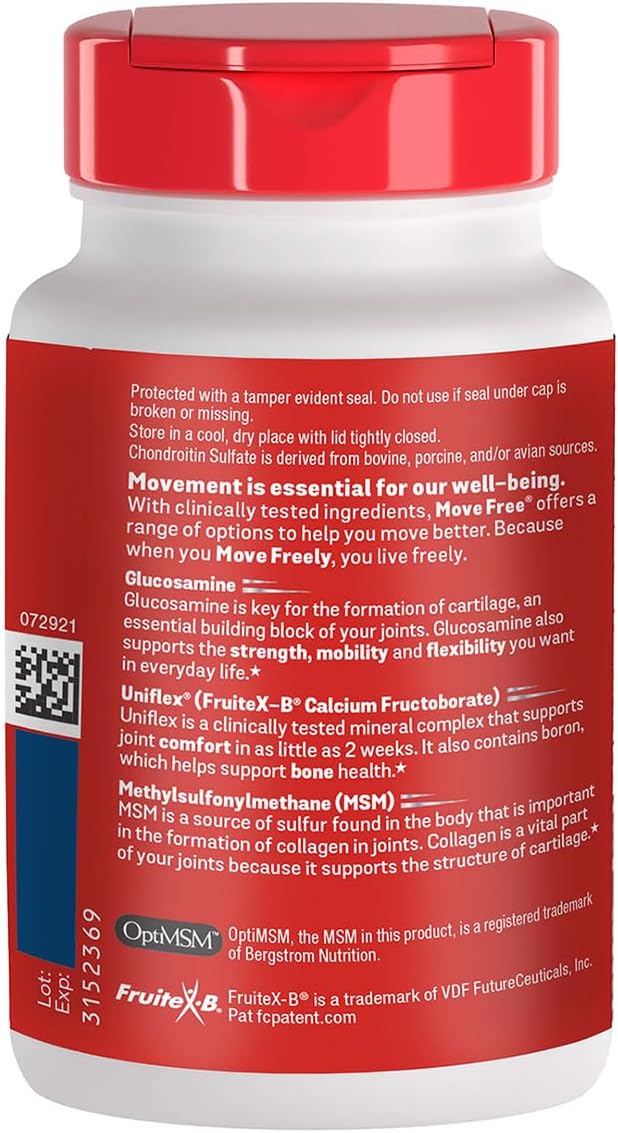Move Free Advanced Glucosamine Chondroitin MSM Joint Support Supplement, Supports Mobility, Comfort, Strength, Flexibility & Bone, 120 Tablets/40 Servings (2 Pack)