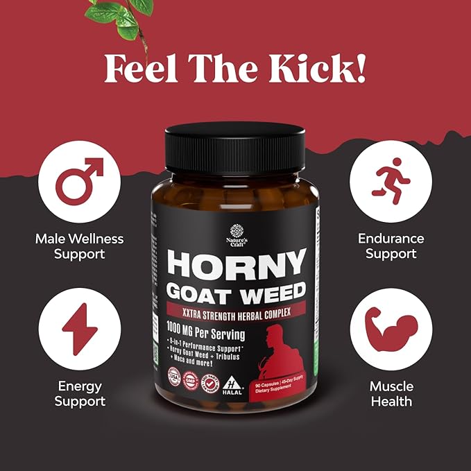 Natures Craft Horny Goat Weed for Men - Extra Strength Male Supplement with Black Maca Root, Tongkat Ali, Saw Palmetto & Panax Ginseng Extract for Stamina & Energy - 90 Count