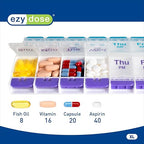 EZY DOSE Push Button (7-Day) Pill Case, Medicine Planner, Daily Vitamin Organizer, 2 Times a Day AM/PM, X-Large Compartments, Arthritis Friendly, Easy to use, Clear Lids, Purple and Blue, BPA Free