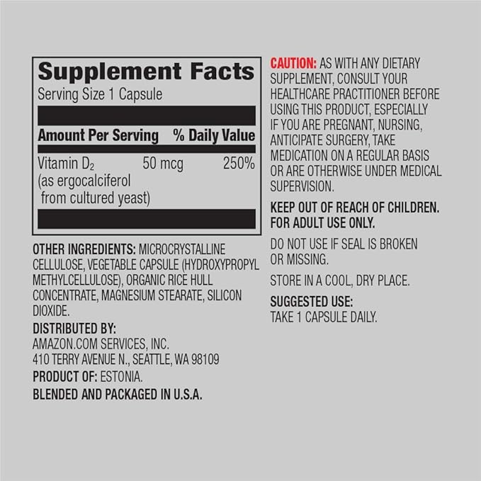 Amazon Elements Vitamin D2 2000 IU, Vegan, Supports Strong Bones and Immune Health, 2 Month Supply (Packaging May Vary), 65 Capsules (Pack of 2)