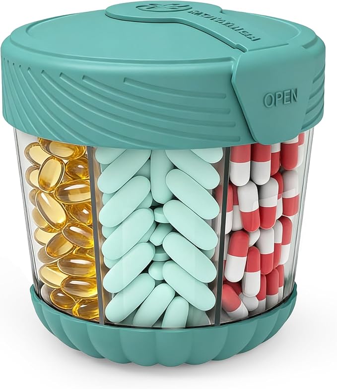HIONXMGA Large Pill Dispenser, Portable Pill Bottle Organizer for 7 Vitamins, Anti-Mix Supplement Organizer with Easy Twist Wide Opening, BPA-Free Pill Container, 20 Pcs Labels Included, Cyan